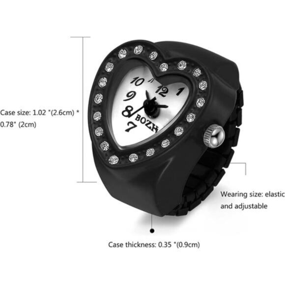 Romantic Black Heart Watch Ring – Crystal-Accented Timepiece Jewelry - Picture 6 of 6